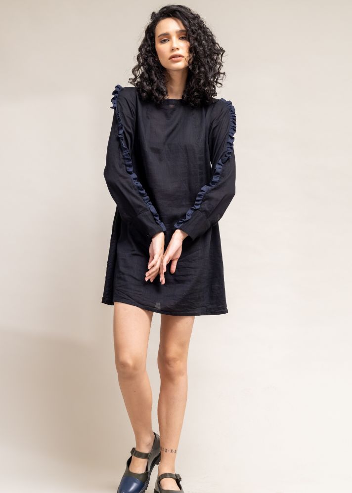 A Model Wearing Black Upcycled Cotton  Carrie  Black Dress, curated by Only Ethikal