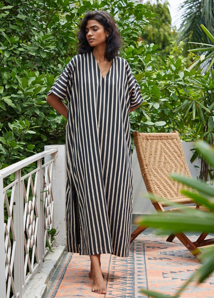 A Model Wearing Striped Multicolor Pure Cotton Smoke Kaftan, curated by Only Ethikal