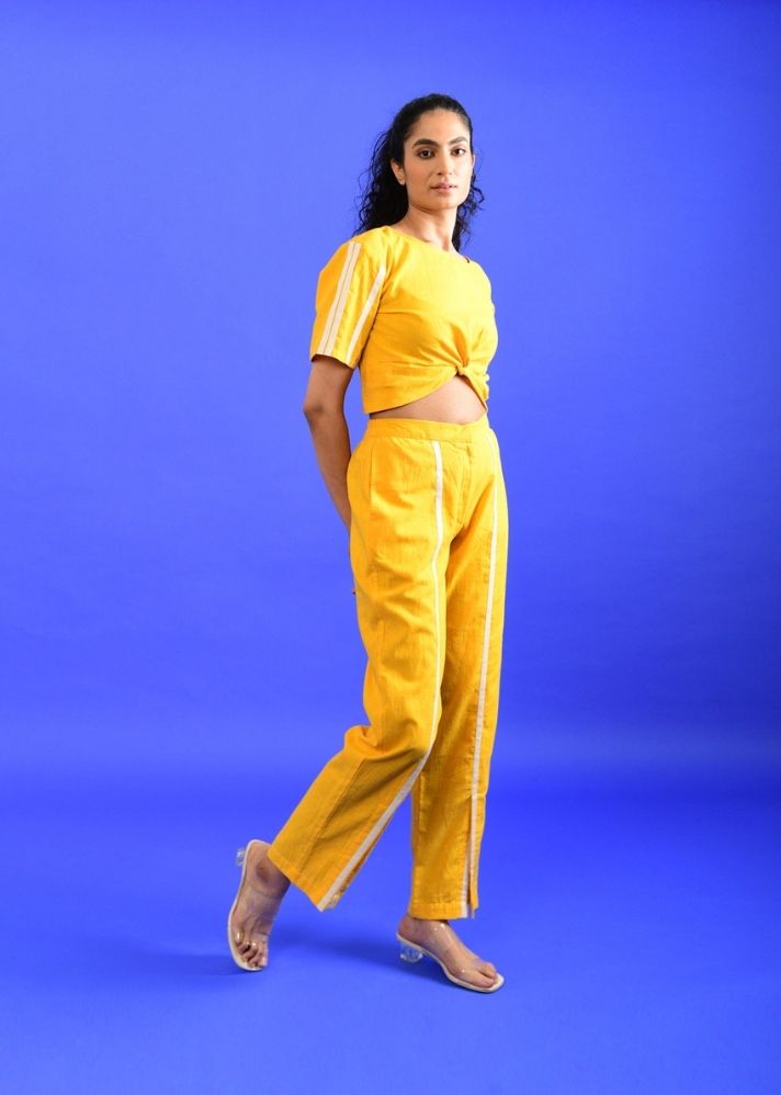A Model Wearing Yellow Handwoven Cotton Iced Mango Co-Ord Set , curated by Only Ethikal