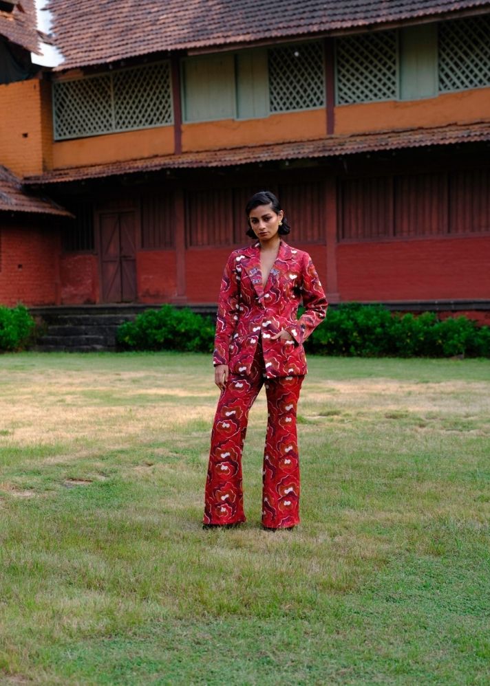A Model Wearing Multicolor Silk Salima Pantsuit , curated by Only Ethikal