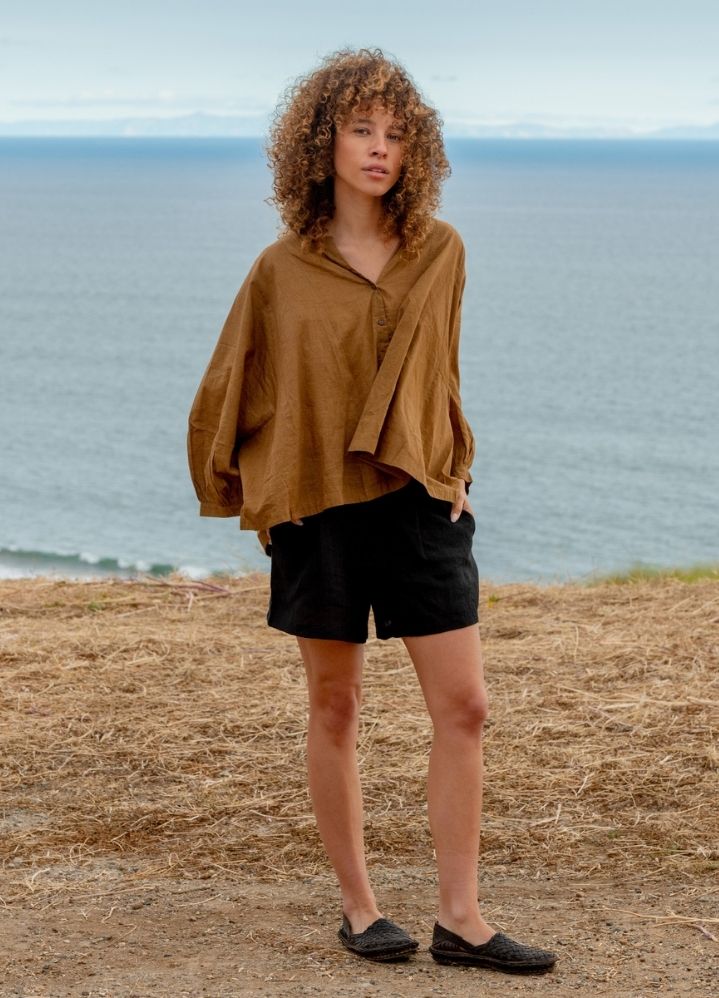 A Model Wearing Brown Handwoven Cotton Dusty brown oversized shirt, curated by Only Ethikal