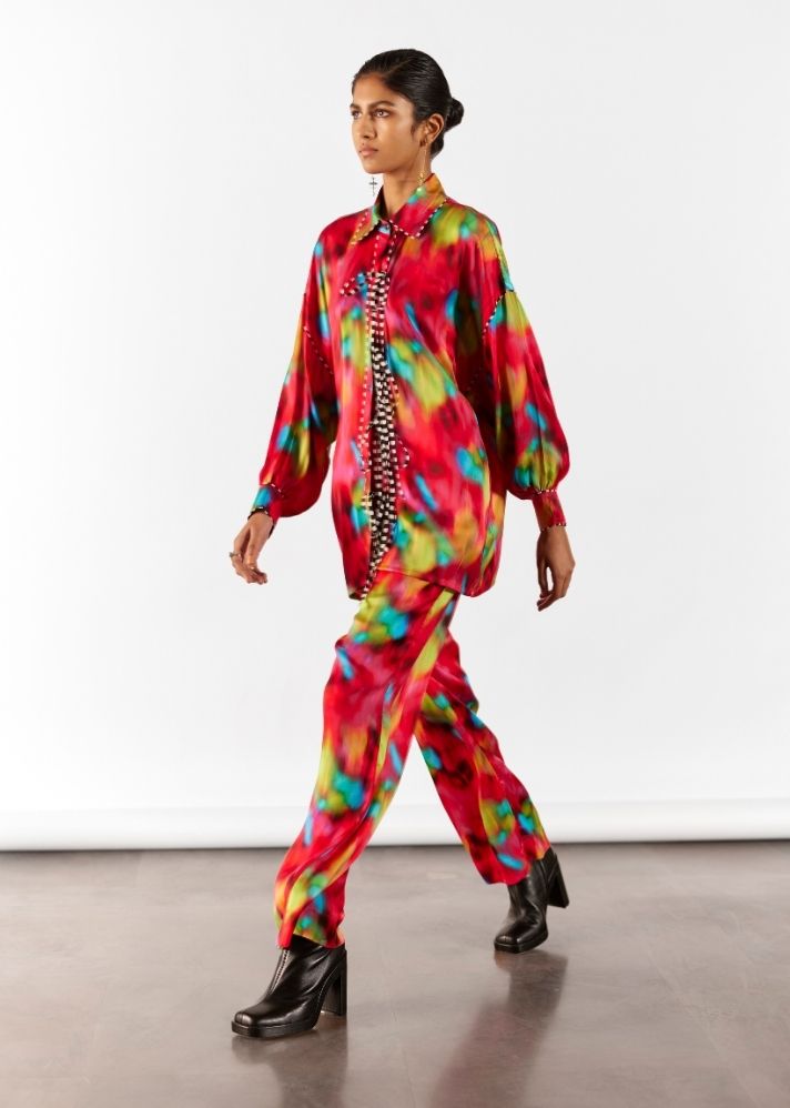 A Model Wearing Multicolor Organic Cupro Poppy Knot Shirt & Trousers Co-Ord, curated by Only Ethikal