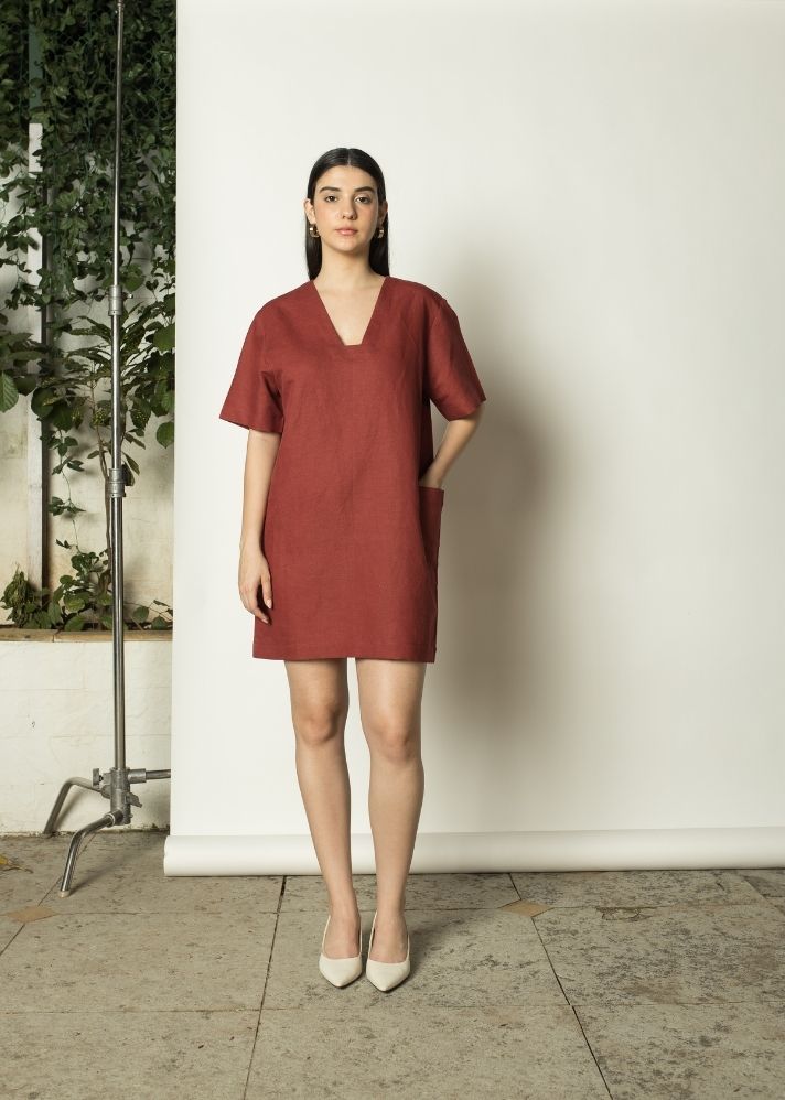 A Model Wearing Red Hemp Plunge-Neck Shift Dress, curated by Only Ethikal
