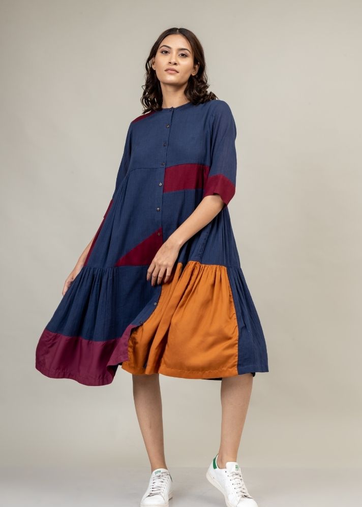 A Model Wearing Multicolor Upcycled Cotton Seville Panelled Dress, curated by Only Ethikal