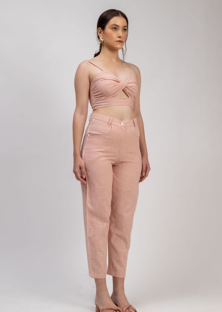 A Model Wearing Pink Linen May Pink Bralette, curated by Only Ethikal