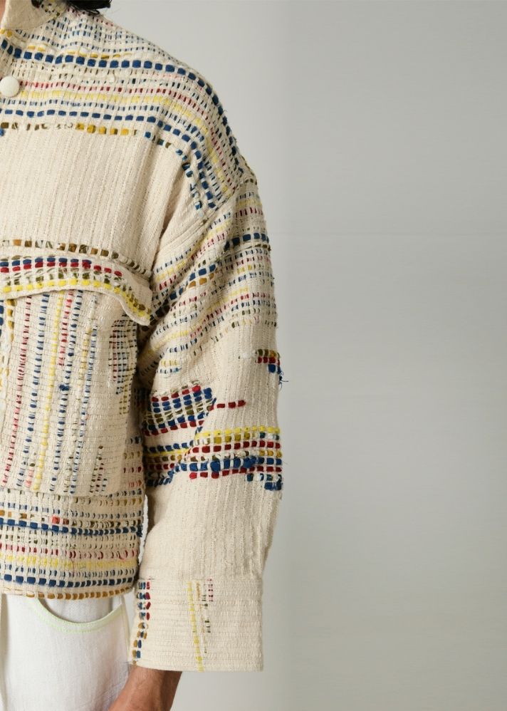 A Model Wearing Multicolor Handwoven Cotton Recycle Kora Fujita Jacket, curated by Only Ethikal