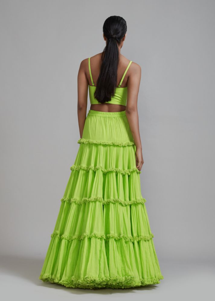 A Model Wearing Green  Handwoven cotton Neon Green Fringed Tiered Lehenga Set (2 PCS), curated by Only Ethikal