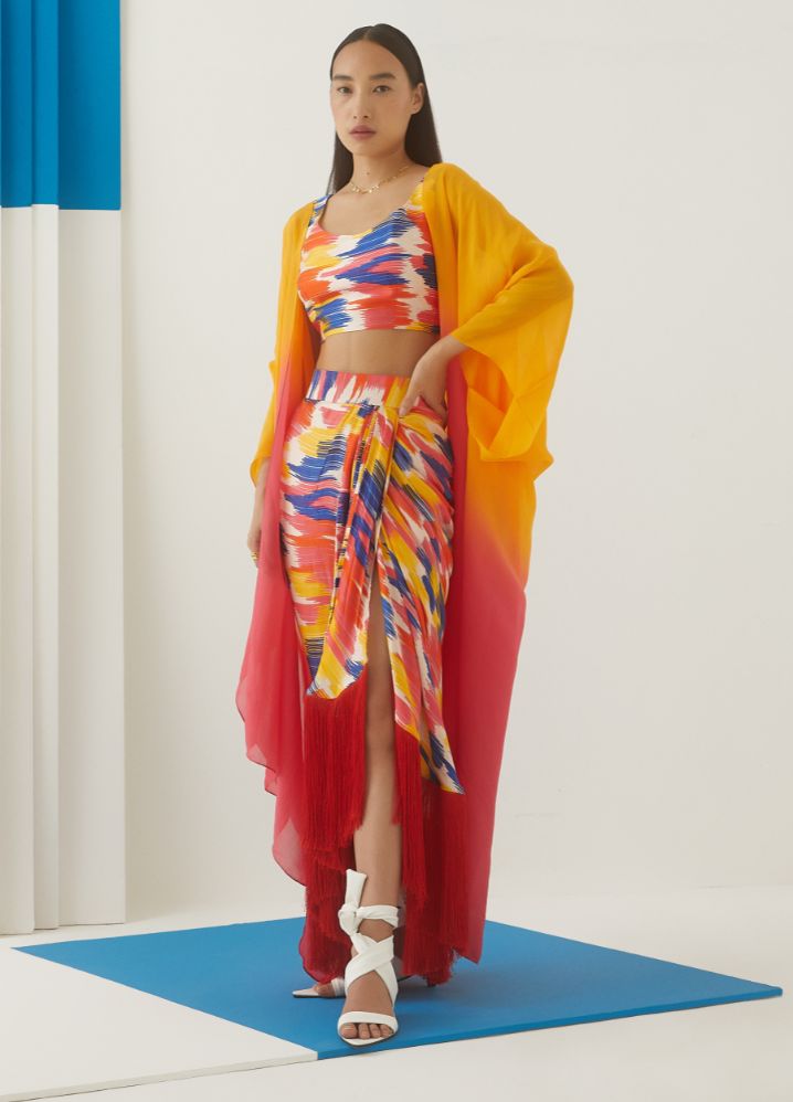 A Model Wearing  Tie And Dye Multicolor Bemberg Hibsicus Organza Cape (Yellow/ Red Ombre), curated by Only Ethikal