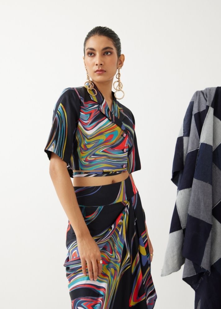 A Model Wearing Multicolor Organic Cupro Galaxy Crop Top & Draped Skirt Co-Ord, curated by Only Ethikal