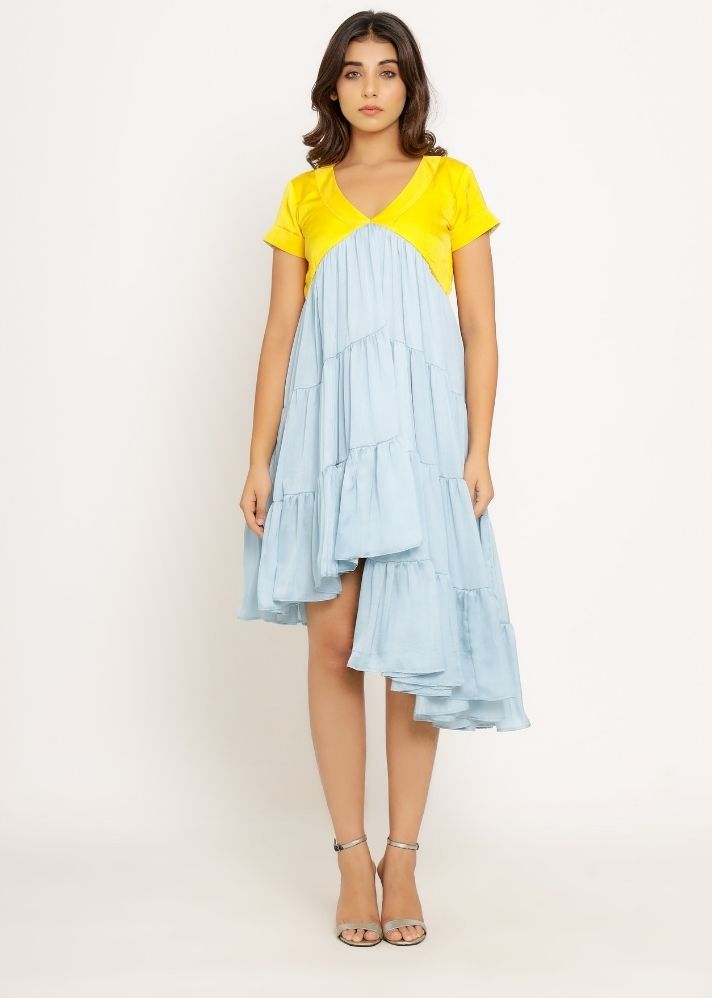 Yellow-Ice Blue Asymmetrical Dress