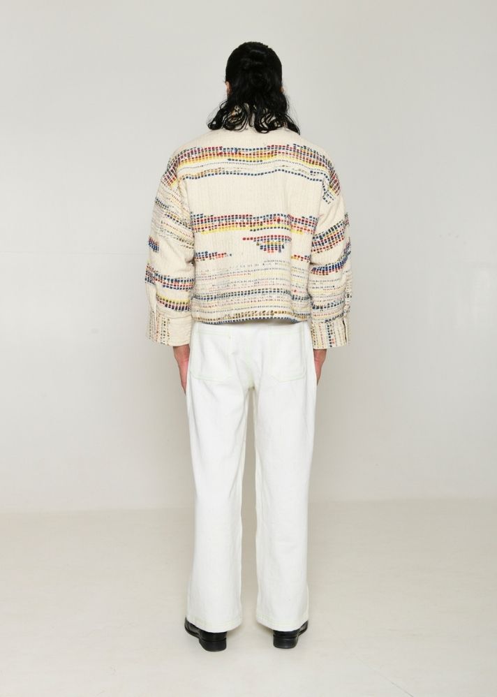 A Model Wearing Multicolor Handwoven Cotton Recycle Kora Fujita Jacket, curated by Only Ethikal