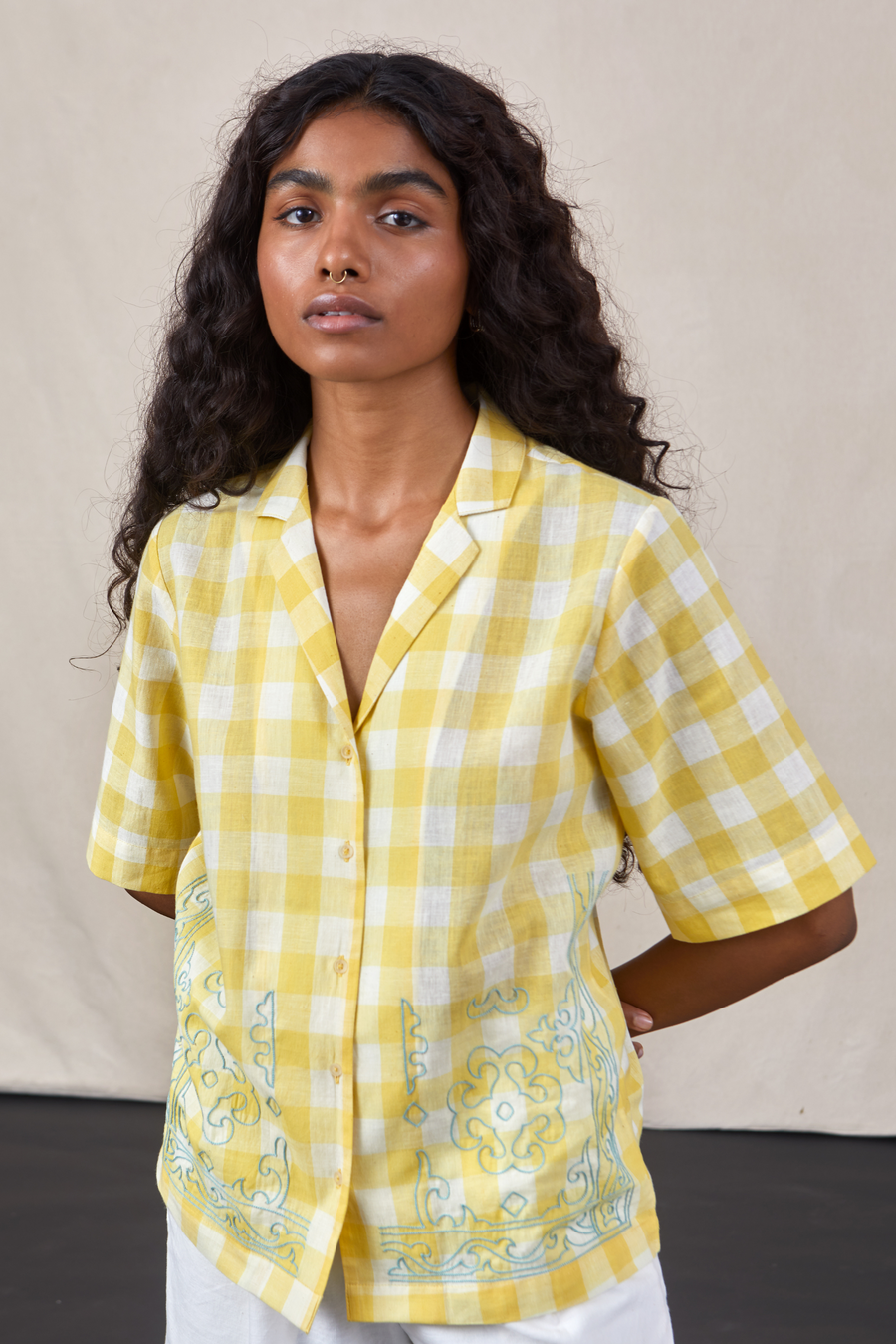 A Model Wearing Multicolor Handwoven Cotton Mayam - Shirt, curated by Only Ethikal