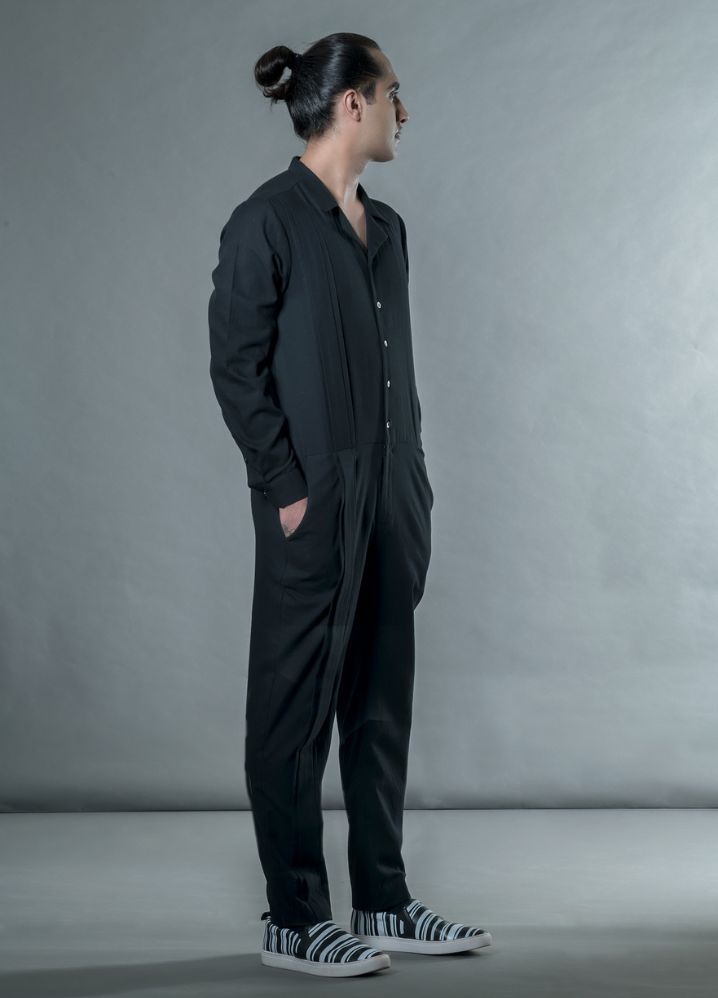 A model wearing  Black Handwoven Cotton Jumpsuit With Double Box Pleat , curated by Only Ethikal
