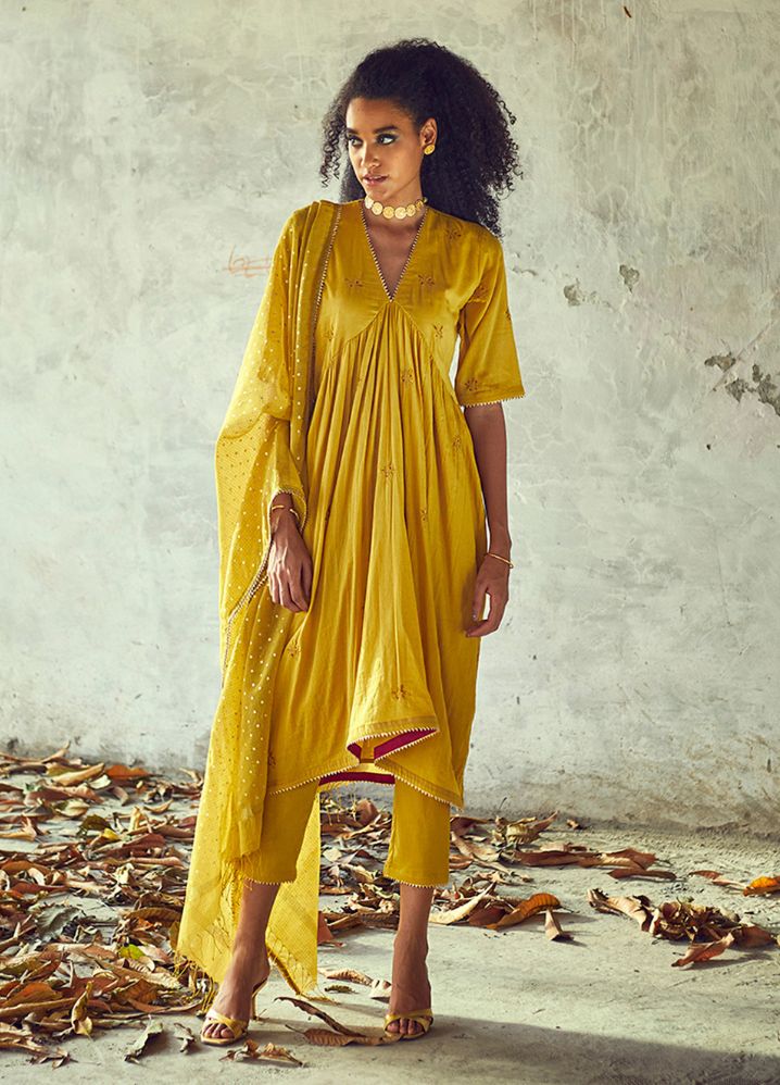 A Model Wearing Embroidered Yellow Pure Cotton Sarson Poshak (Set Of 3), curated by Only Ethikal
