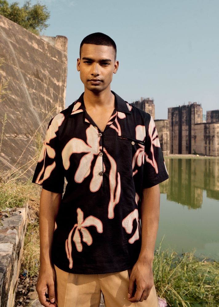 A Model Wearing Multicolor Pure Cotton Crested Crane Shirt, curated by Only Ethikal