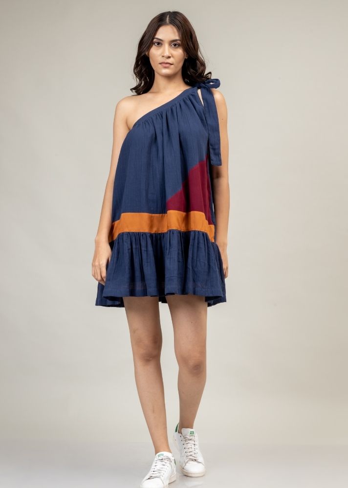 A Model Wearing Blue Upcycled Cotton Daryl Panelled Dress, curated by Only Ethikal