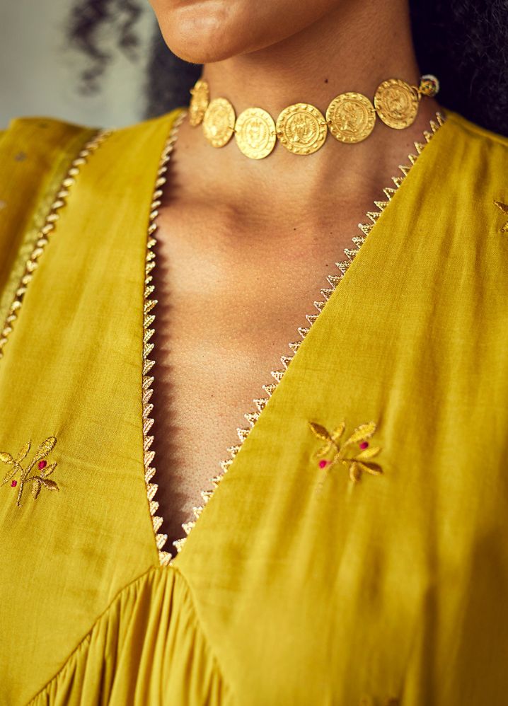 A Model Wearing Embroidered Yellow Pure Cotton Sarson Poshak (Set Of 3), curated by Only Ethikal