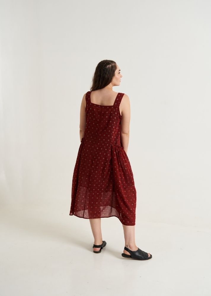 A Model Wearing Red Handwoven Cotton Cherry Blossom Pocketed Midi Dress, curated by Only Ethikal