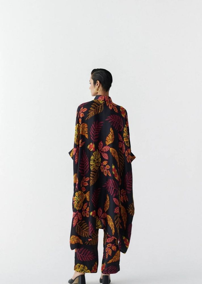 A Model Wearing Multicolor Organic Cupro Rainforest Kimono & Pants Co-Ord, curated by Only Ethikal