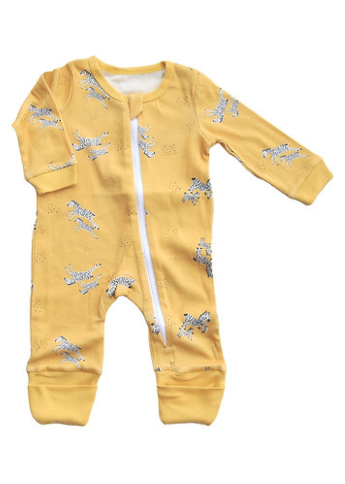 A Model Wearing Yellow Organic Cotton Zoe Zipup Organic Sleepsuit , curated by Only Ethikal