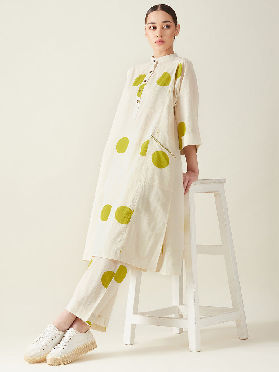 A Model Wearing Multicolor Pure Cotton Polka Kurta Set, curated by Only Ethikal