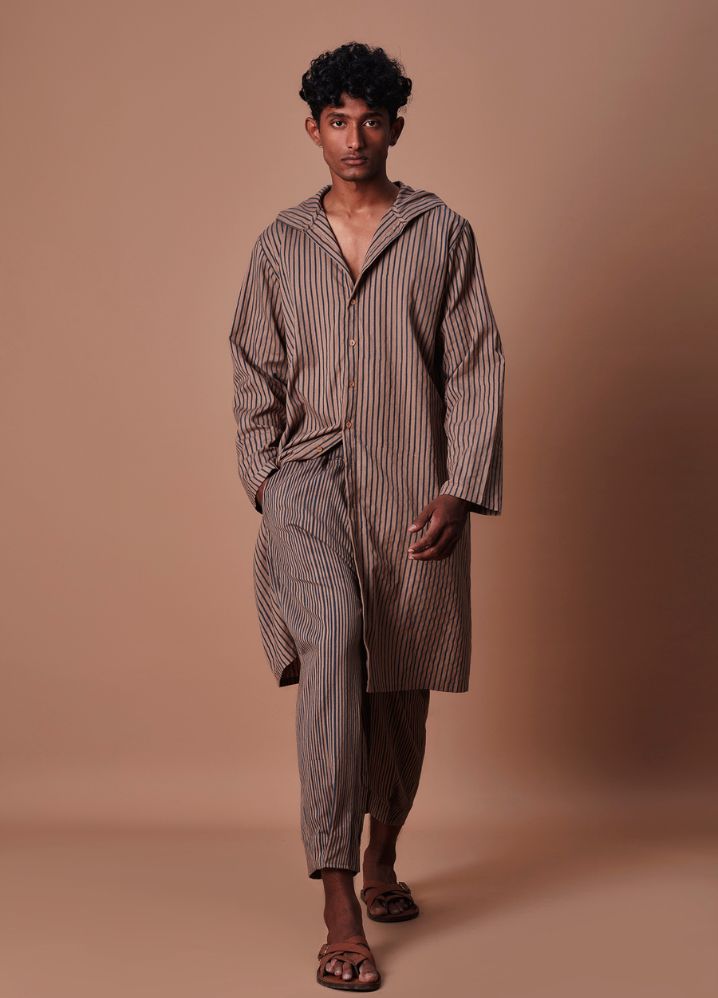 A Model Wearing  Striped Brown Pure Cotton Men's Brown Hooded Striped Kurta, curated by Only Ethikal