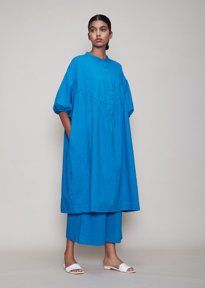 Women wearing Handwoven Cotton blue Acra Tunic dress by Mati curated by Only ethikal 