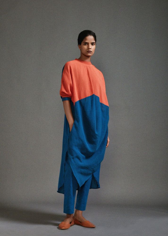 A Model Wearing Rust and blue Handwoven Cotton Cb Cowl Tunic , curated by Only Ethikal