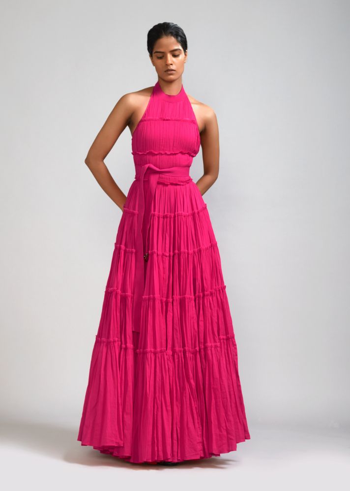 A Model Wearing Pink  Handwoven cotton Pink Backless Tiered Gown, curated by Only Ethikal