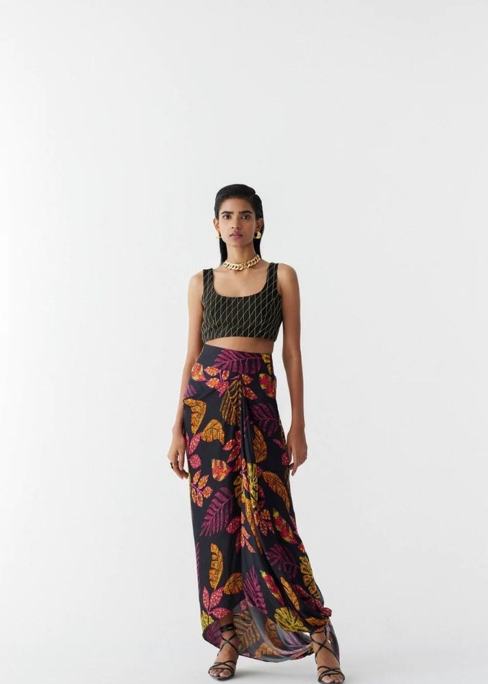 A Model Wearing Multicolor Organic Cupro Rain Forest Knot Style Skirt With Blouse, curated by Only Ethikal