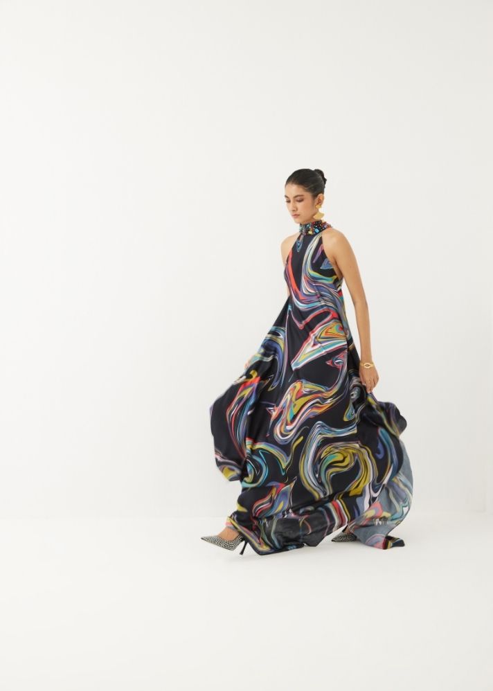 A Model Wearing Multicolor Organic Cupro Galaxy Halter Dress, curated by Only Ethikal
