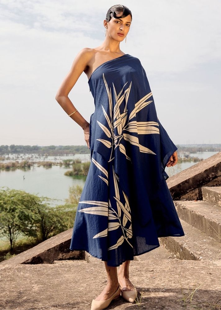A Model Wearing Blue Pure Cotton Spinetail One Shoulder Dress, curated by Only Ethikal