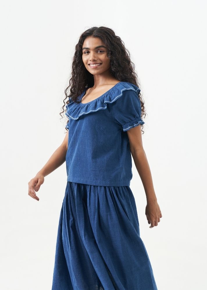 A Model Wearing Blue Handwoven Cotton Indigo skirt & top set, curated by Only Ethikal