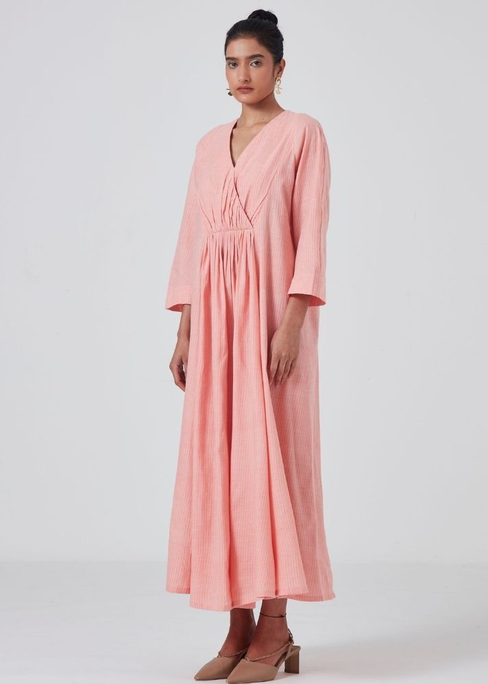 A Model Wearing Peach Handwoven Cotton Eli Dress - Peach, curated by Only Ethikal
