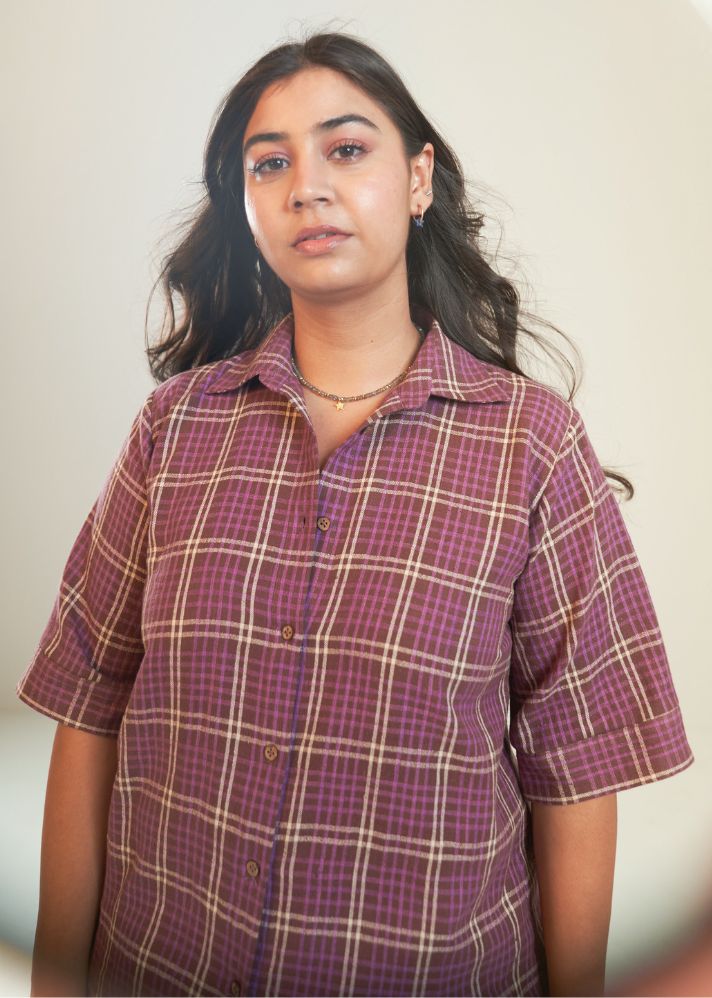 A Model Wearing Purple Handwoven Cotton Purple Garden Shirt, curated by Only Ethikal