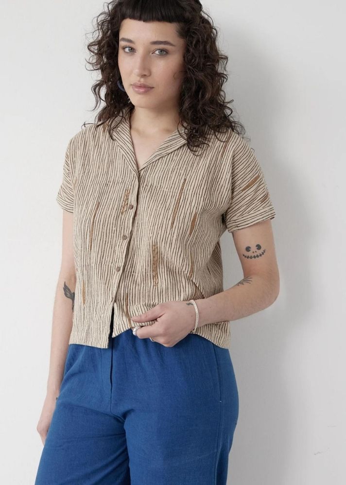 A Model Wearing Brown Handwoven Cotton Block Printed embroidered Shirt, curated by Only Ethikal