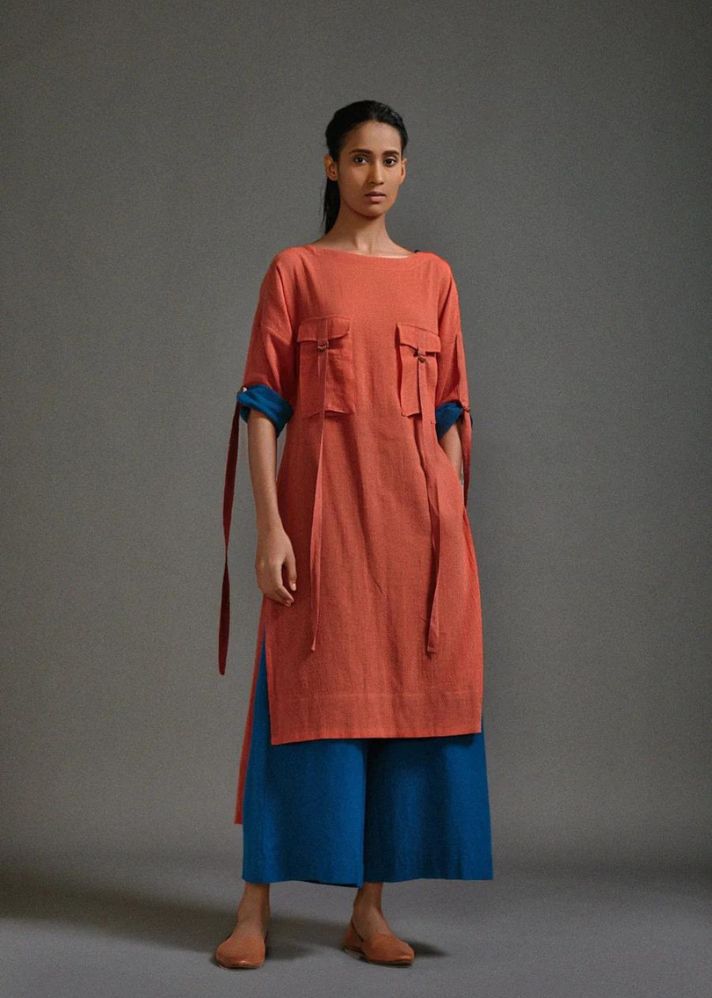 A Model Wearing Rust Handwoven Cotton New Ruka Tunic , curated by Only Ethikal