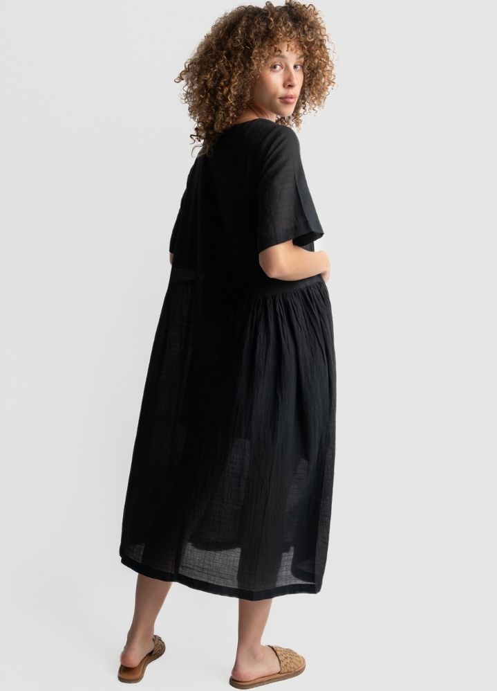 A Model Wearing Black Handwoven Cotton Everyday black dress, curated by Only Ethikal
