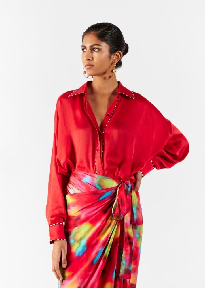 A Model Wearing Multicolor Organic Cupro Poppy Shirt Drapes Dress, curated by Only Ethikal