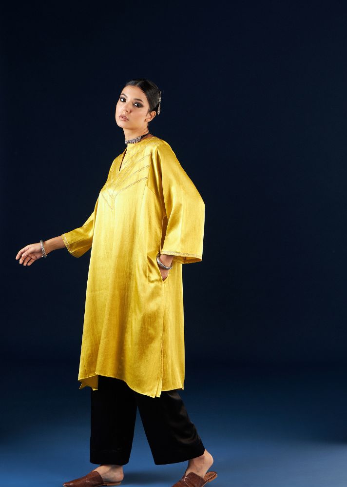 A Model Wearing Multicolor Silk Gold yellow & Coal Black Kalidaar Kurta Set- FC-2308, curated by Only Ethikal