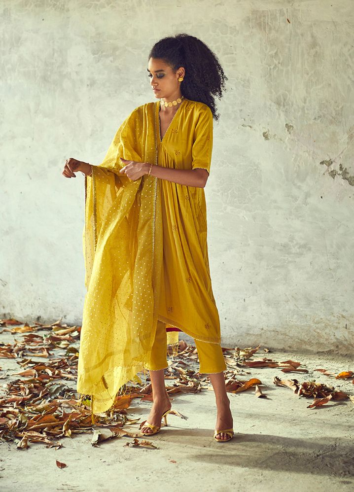 A Model Wearing Yellow Pure Cotton Sarson Chunari, curated by Only Ethikal