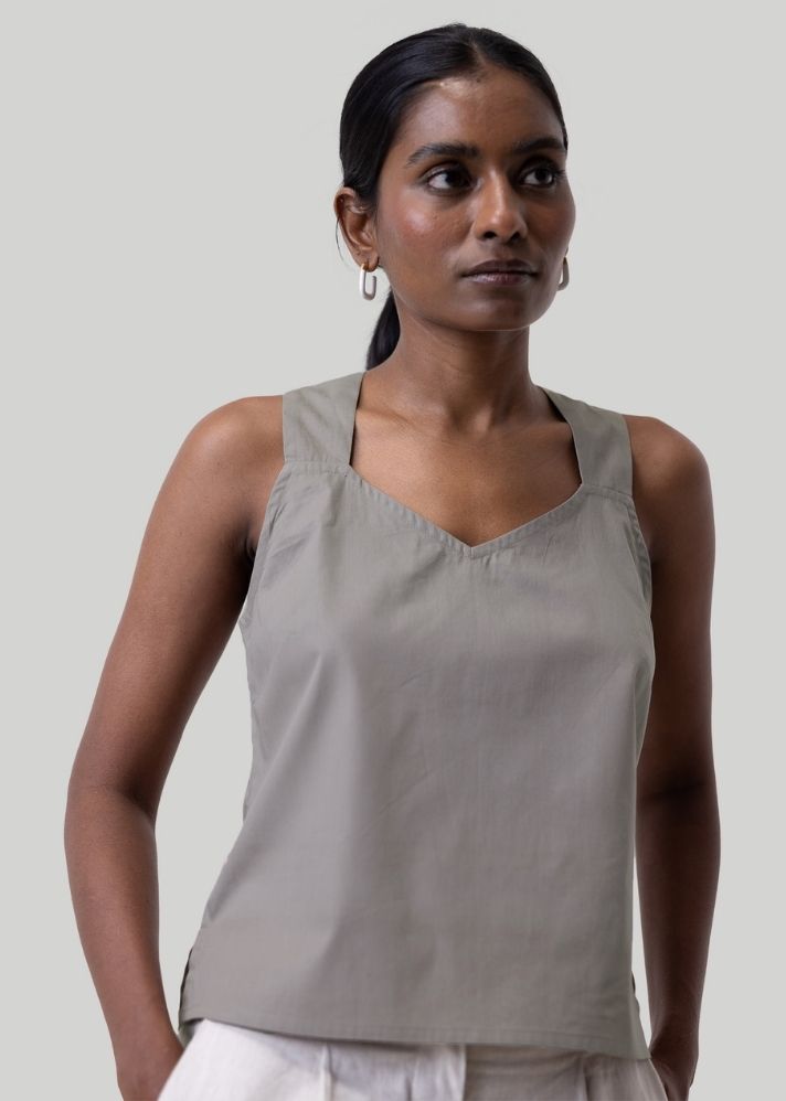 A Model Wearing Grey Pure Cotton Crossback button up tank top Grey, curated by Only Ethikal