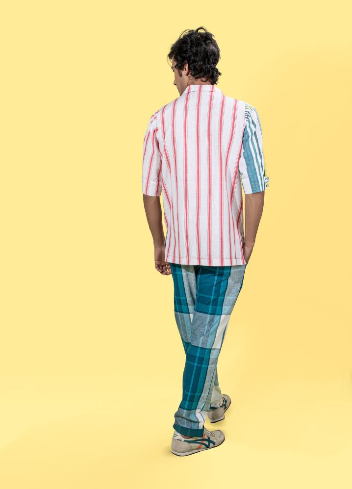 A model wearing Striped Multicolor Handwoven Cotton Color Block Sleeve T-Shirt, curated by Only Ethikal
