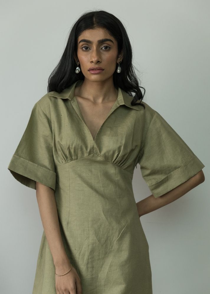 A Model Wearing Green Hemp Wide Sleeve Collared Midi, curated by Only Ethikal