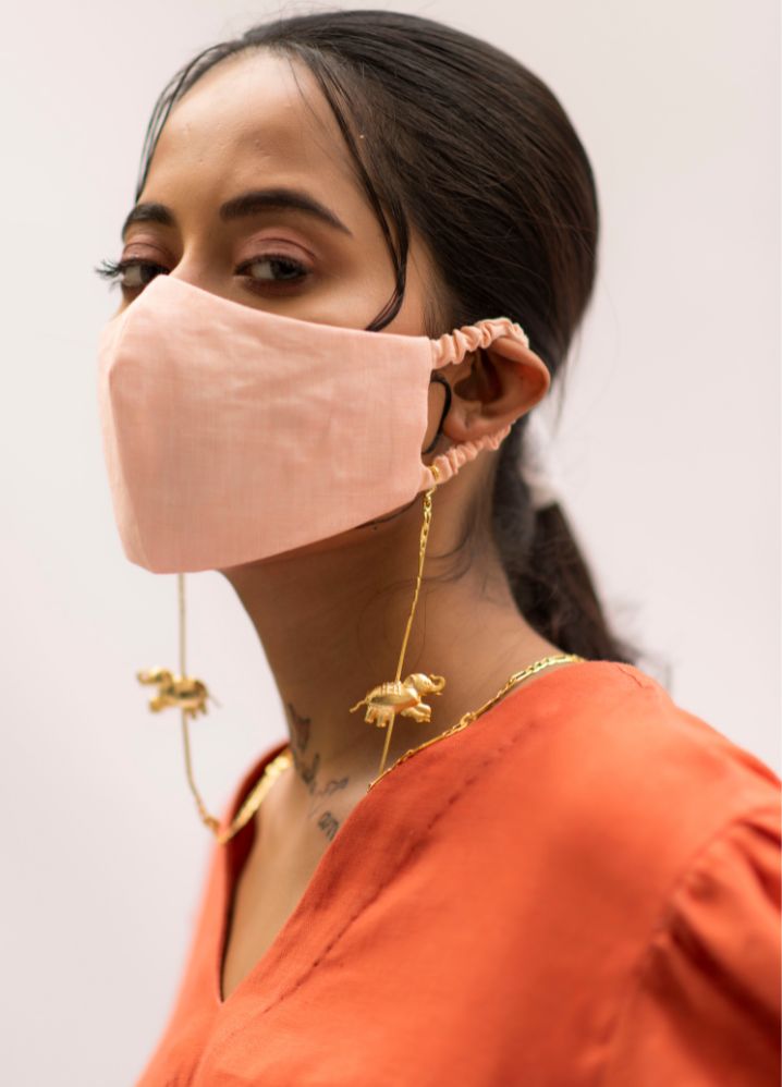 A Model Wearing Gold Plated  Brass  Gajendra (Elephant) Mask/Specs Chain, curated by Only Ethikal