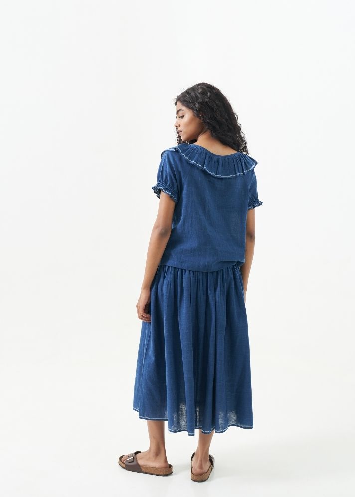 A Model Wearing Blue Handwoven Cotton Indigo skirt & top set, curated by Only Ethikal