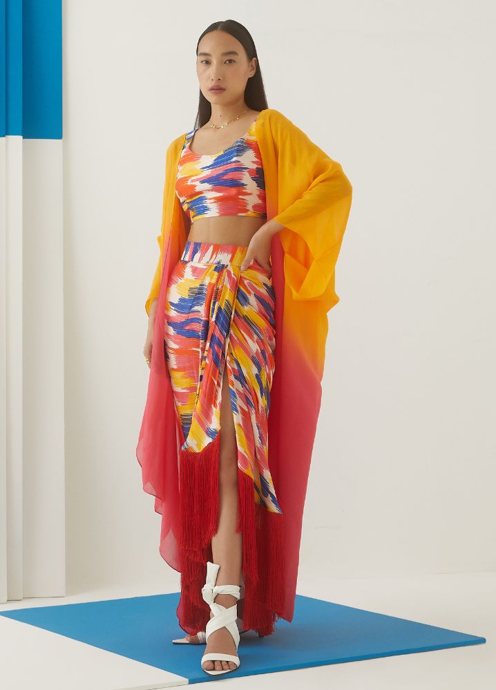 A Model Wearing  Digital Print Multicolor Bemberg Ikat Draped Skirt With Blouse, curated by Only Ethikal