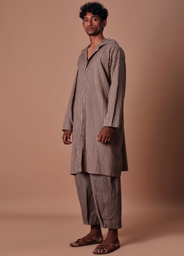 A Model Wearing  Striped Brown Pure Cotton Men's Hooded Brown Striped Set, curated by Only Ethikal