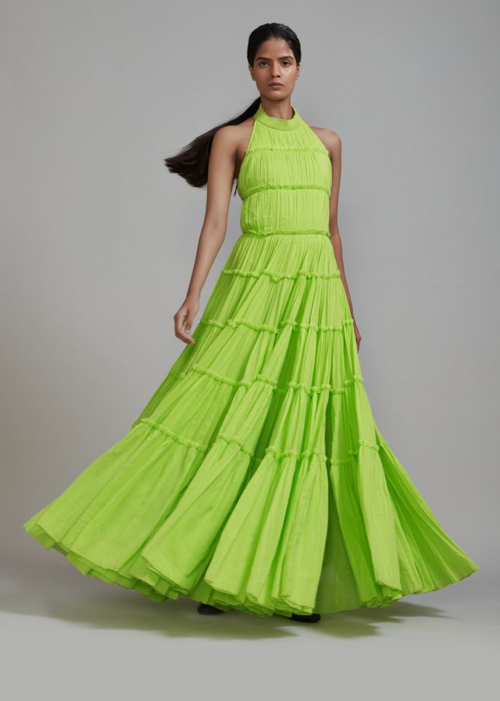 A Model Wearing Green  Handwoven cotton Neon Green Backless Tiered Gown, curated by Only Ethikal