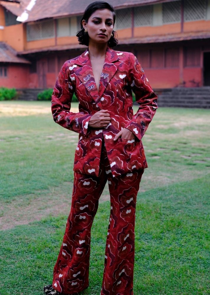 A Model Wearing Multicolor Silk Salima Silk Trousers, curated by Only Ethikal